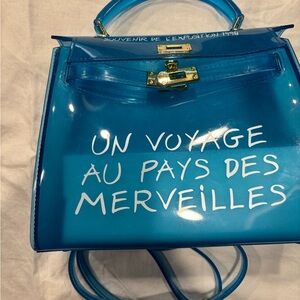 Blue Vinyl Tote Bag with French Script